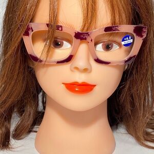 1337 Gretchen Reading Glasses 4.0 Square Black Pink Tortoise Frames NWT